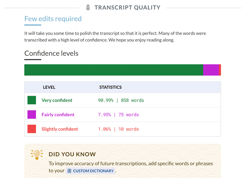 Sonix editor: Transcription quality modal